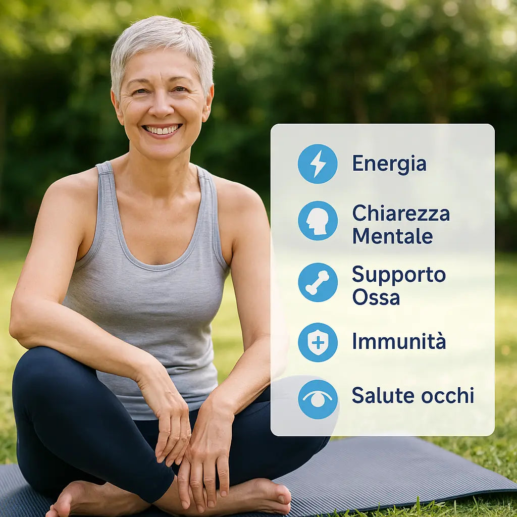 Donna over 50 energica e sorridente dopo attività fisica leggera, benefici dell’integrazione dopo i 50 anni