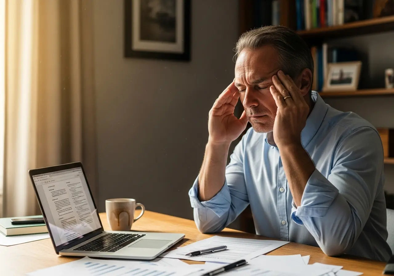 Uomo over 50 seduto alla scrivania che si massaggia la fronte, affaticato e mentalmente stanco
