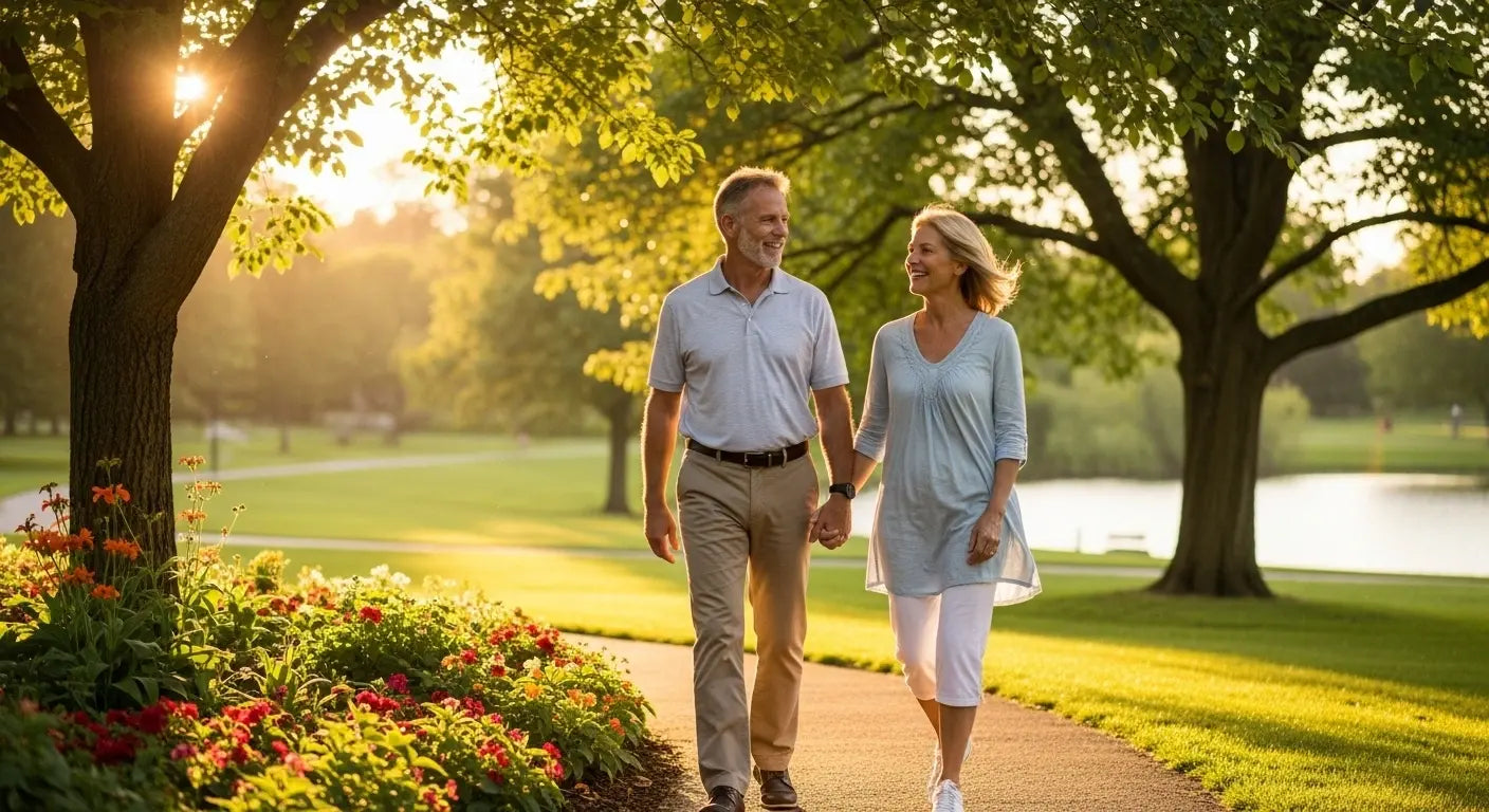 Uomo e donna over 50 sorridenti all’aria aperta, simbolo di energia e benessere dopo i 50 anni