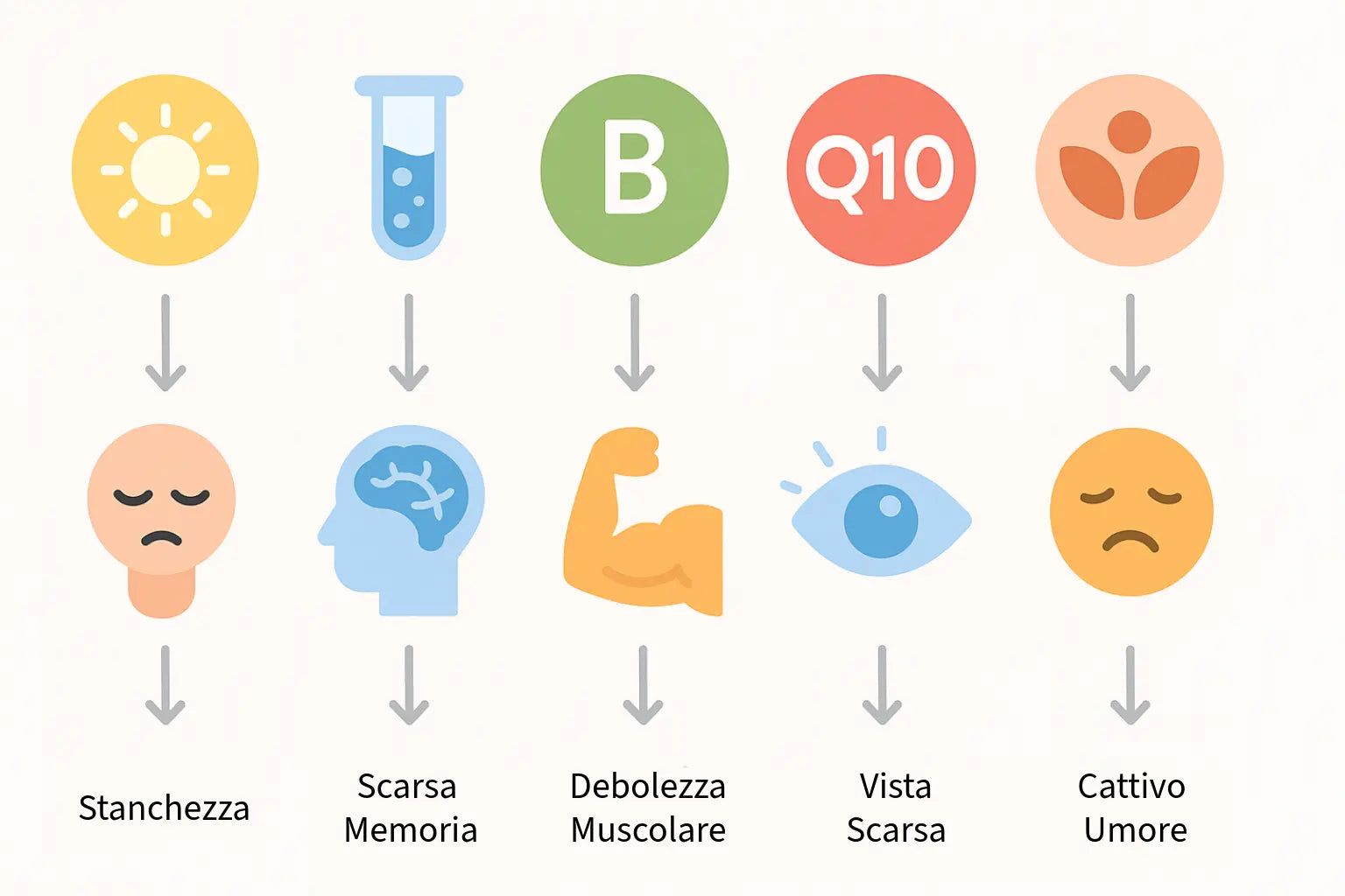 Infografica con le 5 carenze nutrizionali più comuni dopo i 50 anni: vitamina D, magnesio, vitamine B, coenzima Q10, luteina